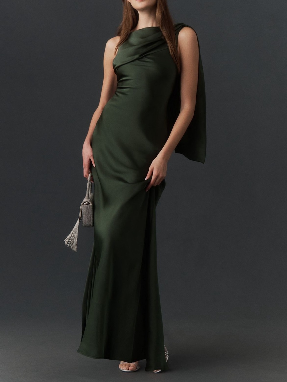 BHLDN Dark Green One-Shoulder Satin Wedding Gown